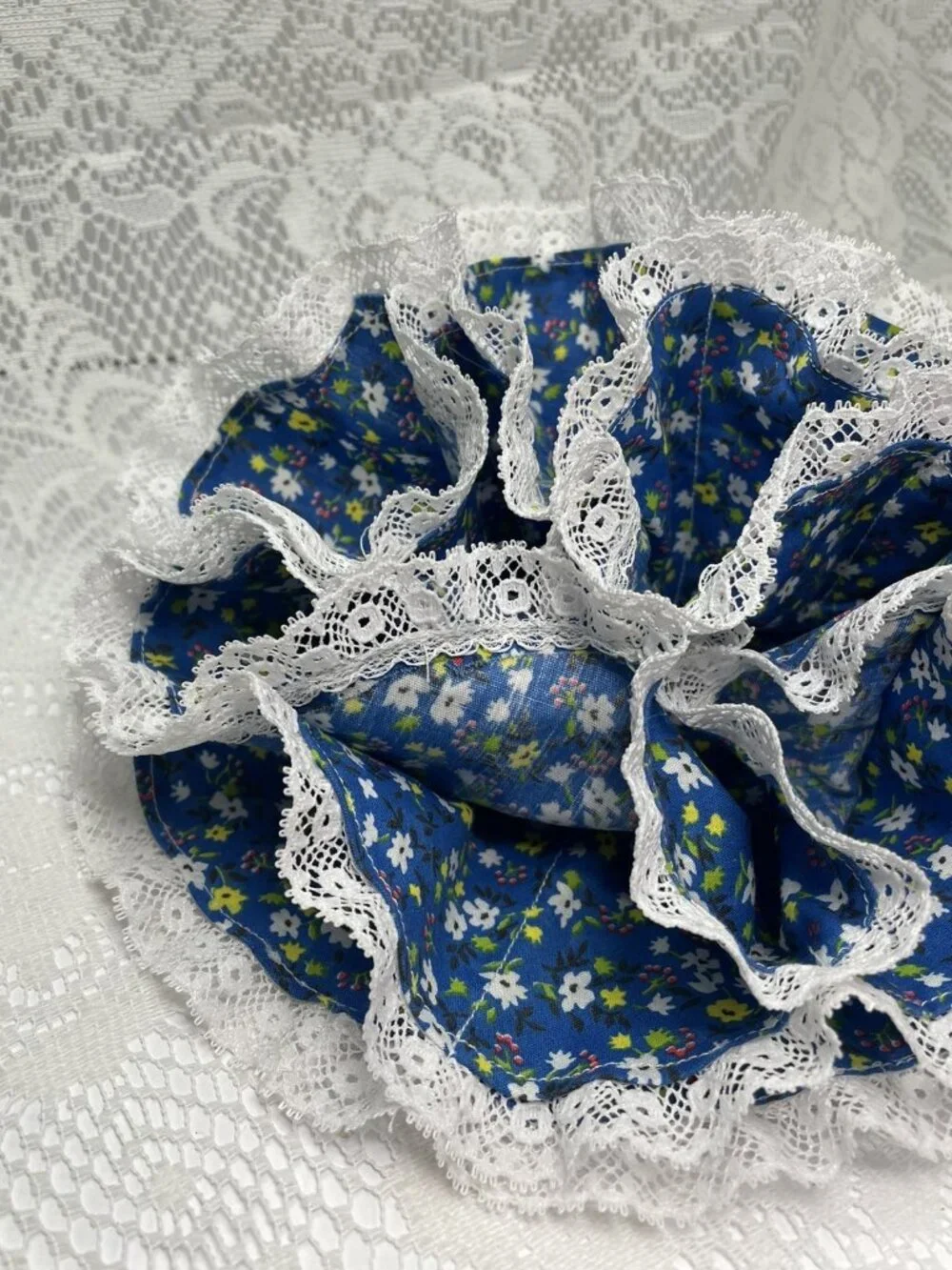 Vintage Print Fabric Egg Basket:  Handmade Country Farmhouse Decor Laced Cotton